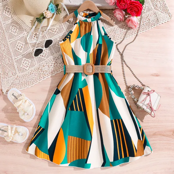 【7Y-12Y】Girls Fashion Colorful Geometric Pattern Printed Hanging Neck Dress With Belt - Popopieshop.com 