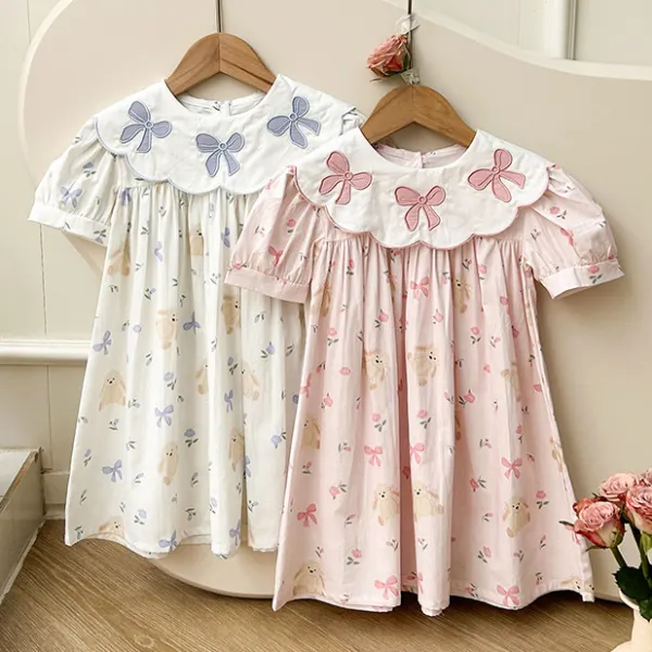 【18M-8Y】Girls Cute Cartoon Bunny And Flower Printed Bowknot Embroidered Flap Dress - Popopieshop.com 