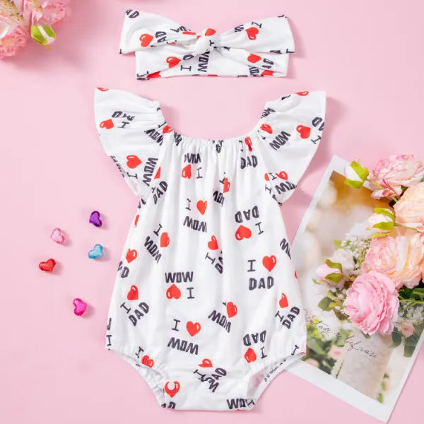 【0M-18M】2-piece Baby Girl Letters MOM DAD And Heart Shape Printed White Romper With Hairbands Mother's Day Gift - Popopieshop.com 