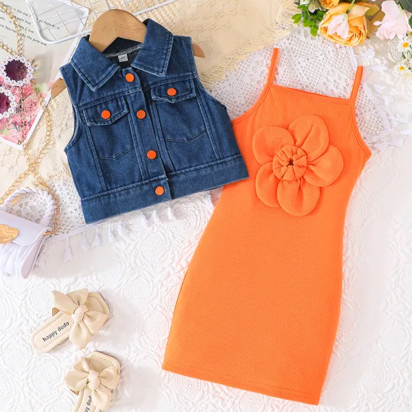 【2Y-8Y】2-piece Girls Stylish Dimensional Floral Design Orange Halter Dress And Blue Denim Vest Set - Popopieshop.com 
