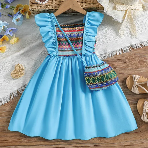 【3Y-7Y】2-piece Girls Stylish Blue Ruffle Dress With Bags - Popopieshop.com 