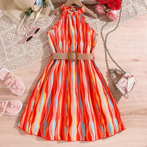 【7Y-12Y】Girls Stylish Geometric Printed Orange Neck Dress With Belt - Popopieshop.com 
