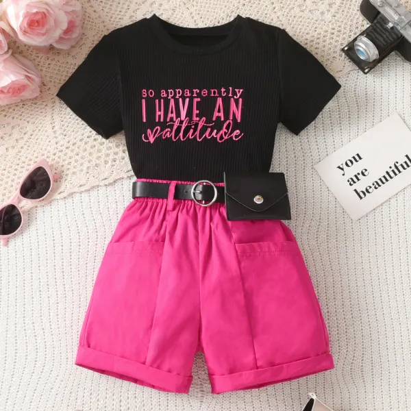 【3Y-8Y】3-piece Girl Fashion Letter Print Short Sleeve T-shirt And Shorts Set With Belt - Popopieshop.com 