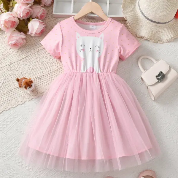 【3Y-8Y】Girls Sweet Pink Cat Print Short Sleeve Mesh Dress - Popopieshop.com 