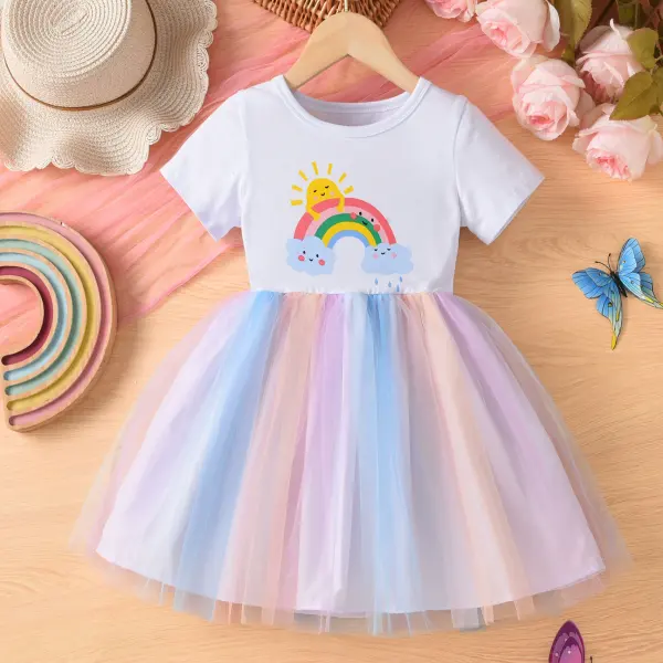 【3Y-8Y】Girls Sweet Rainbow Printed Spliced ​​Rainbow Mesh Short Sleeve Dress - Popopieshop.com 
