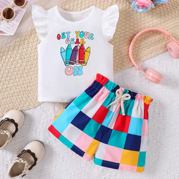 【2Y-7Y】2-piece Girls Cute Pastel Print Ruffle Top And Colorful Plaid Shorts Set - Popopieshop.com 