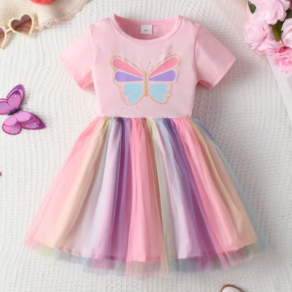【3Y-8Y】Girls Sweet Butterfly Printed Colorful Mesh Short Sleeve Dress - Popopieshop.com 