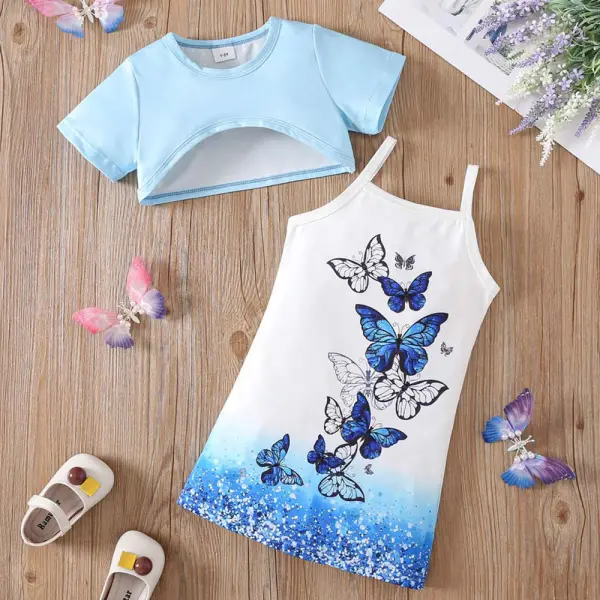 【1Y-8Y】2-piece Girls Blue Butterfly Print Sling Dress And Top Set - Popopieshop.com 
