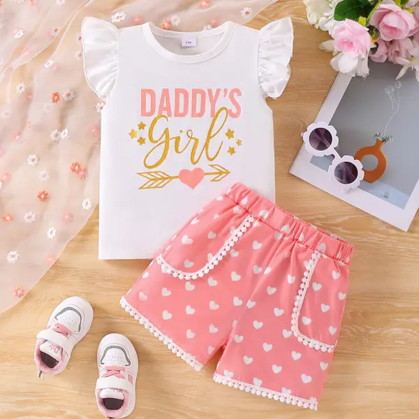【2Y-7Y】2-piece Girls Letter Heart Printed Short Sleeve T-shirt And Shorts Set - Popopieshop.com 