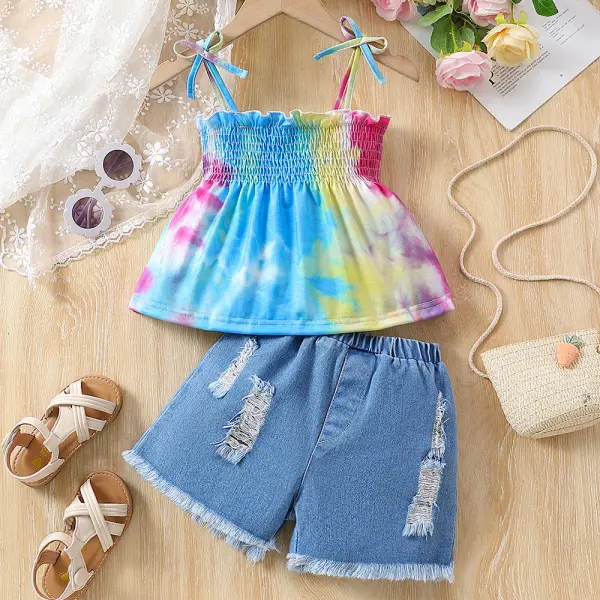 【2Y-7Y】2-piece Girls Tie-Dye Top And Denim Shorts Set - Popopieshop.com 
