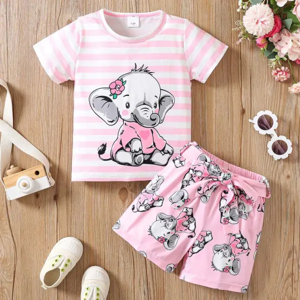 【1Y-8Y】2-piece Girls Striped Elephant Print Short Sleeve Pajama Set - Popopie.com 