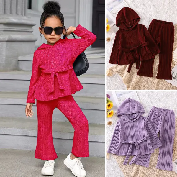 【18M-8Y】2-piece Girls Fashion Solid Color Hooded Long Sleeve T-shirt And Flared Pants Set With Belt - Popopieshop.com 