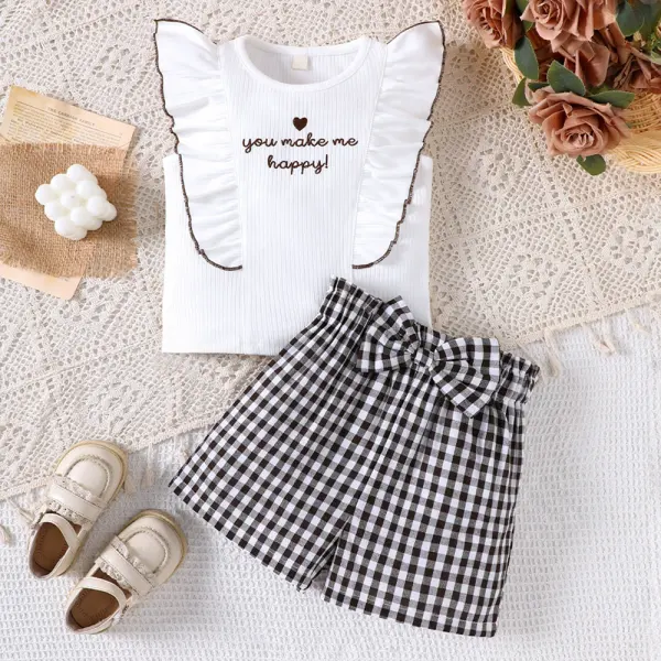 【2Y-7Y】2-piece Girls Casual Letter Embroidered Ruffled Vest And Plaid Shorts Set - Popopieshop.com 