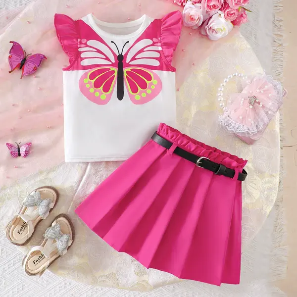 【2Y-7Y】3-piece Girls Sweet Butterfly Print Ruffle Top And Pleated Skirt Set With Belt - Popopieshop.com 