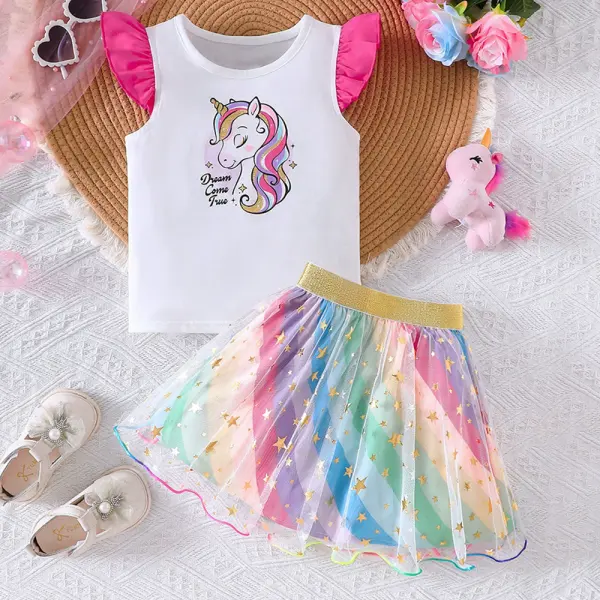 【2Y-7Y】2-piece Girls Cute Unicorn Print Ruffle Top And Rainbow Mesh Skirt Set - Popopieshop.com 