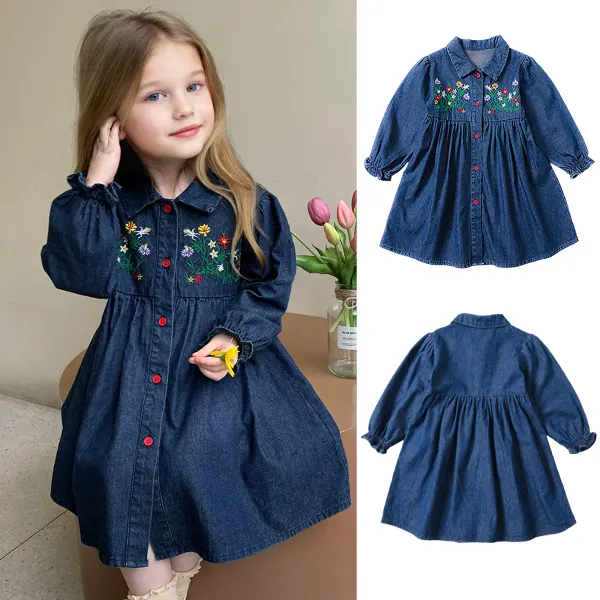 【18M-8Y】Girls Sweet Floral Embroidery Lapel Denim Dress - Popopieshop.com 