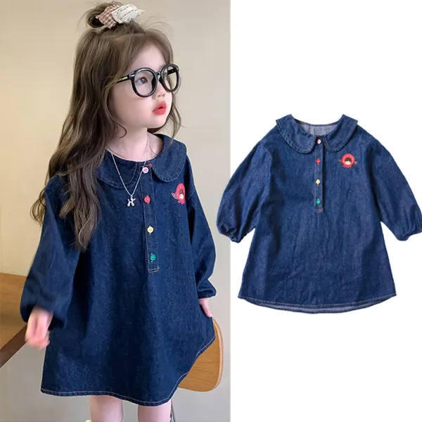 【18M-8Y】Girls Sweet Rainbow Button Doll Collar Long Sleeve Denim Dress - Popopieshop.com 
