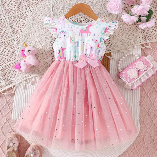 【2Y-7Y】Girls Sweet Unicorn Print Ruffled Multi-layered Mesh Dress - Popopieshop.com 