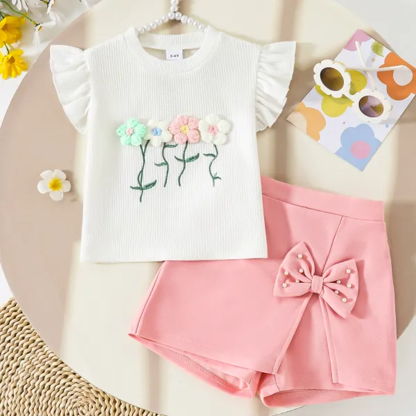 【12M-5Y】2-piece Girls Sweet Dimensional Flower Embroidery White T-shirt And Pink Pearl Bow Shorts Set - Popopie.com 