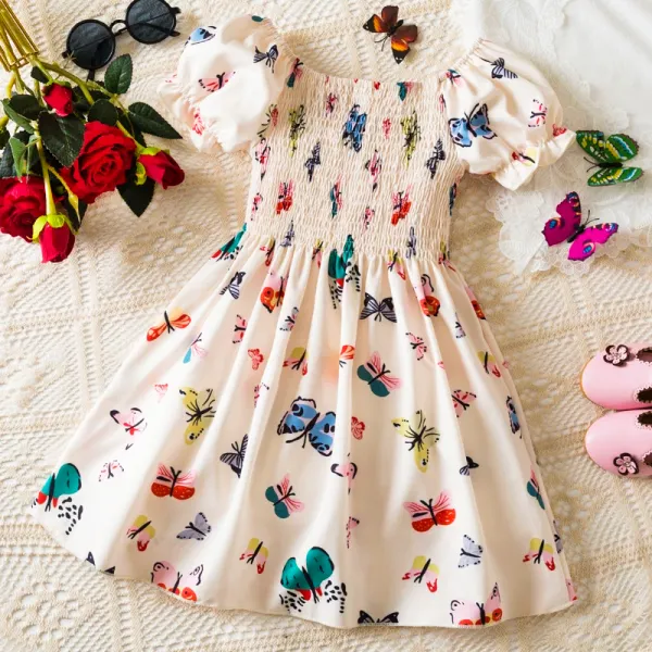 【1Y-6Y】Girls Sweet Fashion Butterfly Printed Bubble Sleeve Dress - Popopieshop.com 
