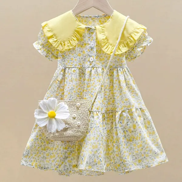 【18M-8Y】2-piece Girls Cute Floral Printed Lapel Short Sleeve Dress With Pearl Flower Bag - Popopieshop.com 