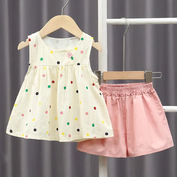 【12M-5Y】2-piece Girls Cute Colorful Polka Dot Print Sleeveless Top And Pink Shorts Set - Popopieshop.com 