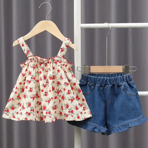 【12M-5Y】2-piece Girls Cute Floral Print Cami Top And Blue Denim Shorts Set - Popopieshop.com 