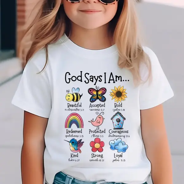 【1Y-8Y】Girls Cute Fashion Letter And Cartoon Bee Animal Flower Rainbow Print White Short Sleeve T-shirt - Popopie.com 