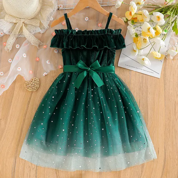 【3Y-7Y】Girls Sweetheart Star Mesh Patchwork Velvet Green Ruffle Off-shoulder Dress - Popopieshop.com 
