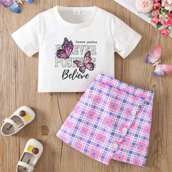 【1Y-8Y】2-piece Girls Butterfly Print Short Sleeve T-shirt And Plaid Skirt Set - Popopieshop.com 