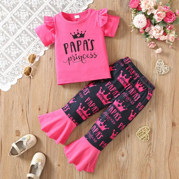 【1Y-8Y】2-piece Girls Letter Crown Print Short Sleeve T-shirt And Pants Set - Popopieshop.com 
