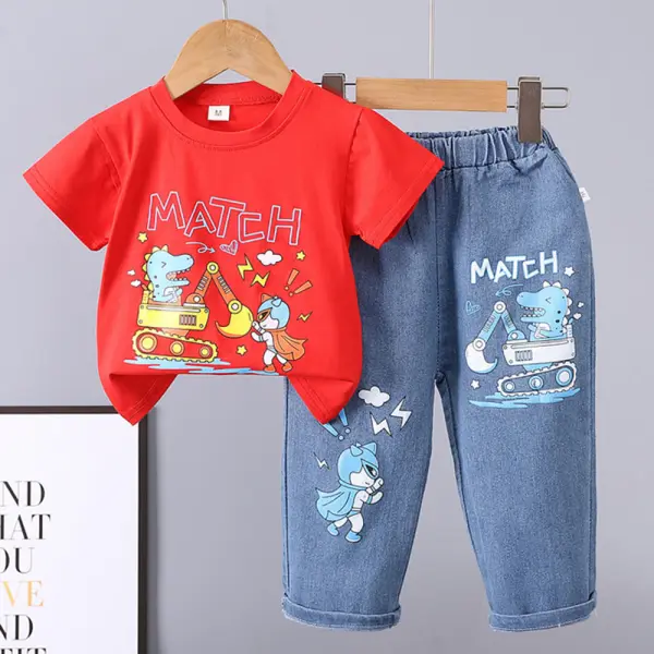 【9M-3Y】2-piece Boy Dinosaur Digger Print Short Sleeve T-shirt And Jeans Set - Popopieshop.com 
