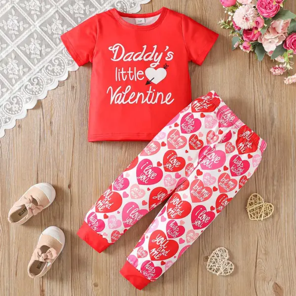 【1Y-8Y】2-piece Girls Letter Heart Printed Short Sleeve T-shirt And Pants Set - Popopieshop.com 