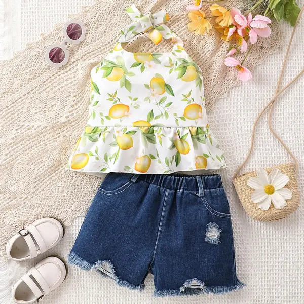 【2Y-7Y】2-piece Girls Lemon Print Backless Top And Denim Shorts Set - Popopieshop.com 