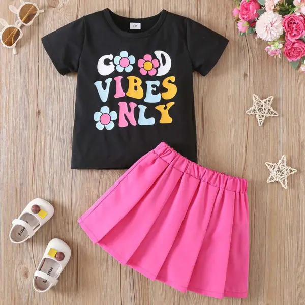 【1Y-8Y】2-piece Girls Letter Print Short Sleeve T-shirt And Pleated Skirt Set - Popopieshop.com 