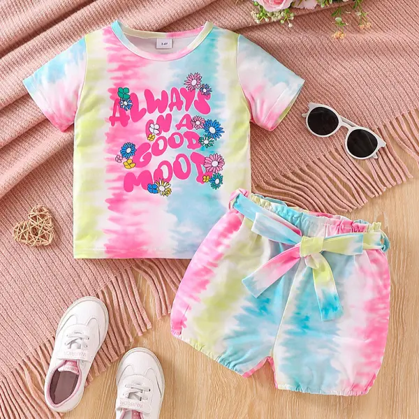 【2Y-7Y】2-piece Girls Tie-Dye Letter Print Short Sleeve T-shirt And Shorts Set - Popopieshop.com 