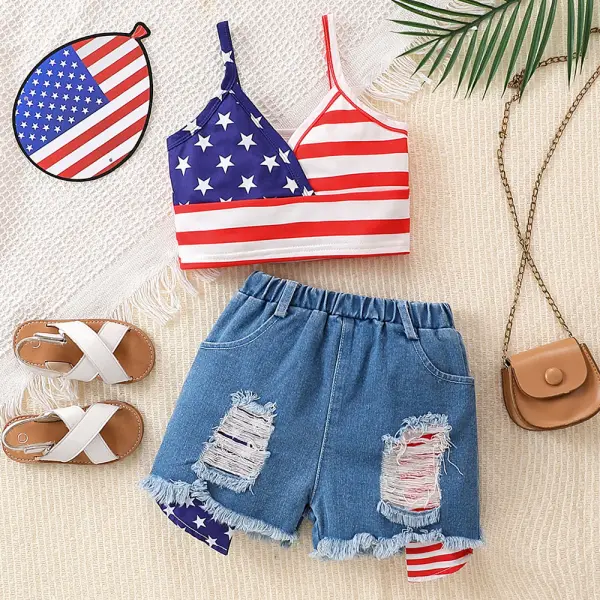 【2Y-7Y】2-piece Girls Independence Day Printed Sling Top And Denim Shorts Set - Popopieshop.com 