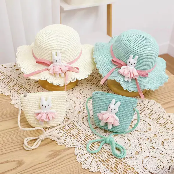 2-piece Girls Cute Bunny And Bow Design Hat And Bag Set Easter Bunny Hat - Popopieshop.com 