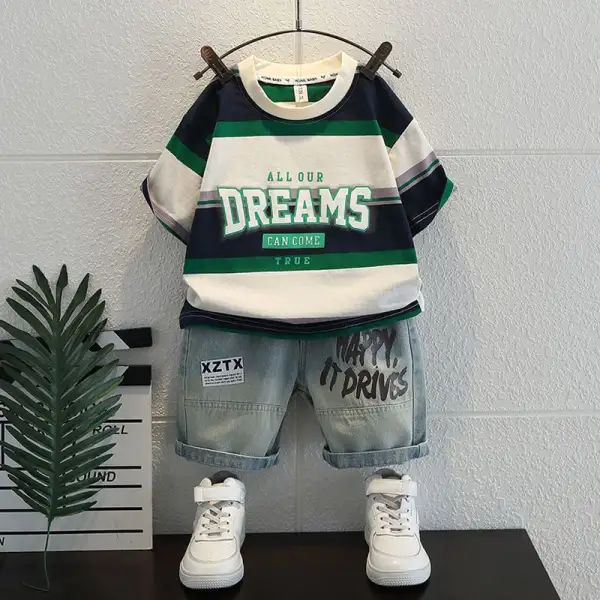 【18M-10Y】2-piece Boys Casual Monogrammed And Striped Printed T-shirt And Denim Shorts Set - Popopieshop.chimpone.com 