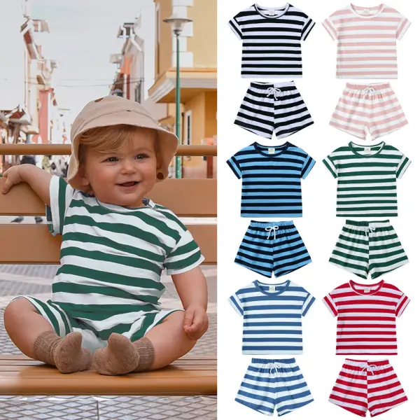 【6M-3Y】2-piece Unisex Cute Striped T-shirt And Shorts Set - Popopieshop.com 