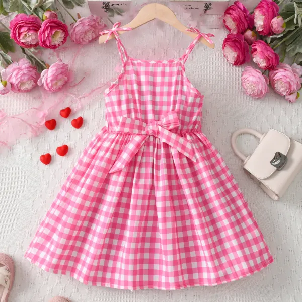 【3Y-8Y】Girls Sweet Pink Plaid Bowknot Suspender Dress - Popopieshop.com 