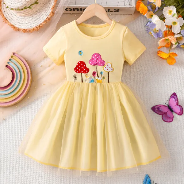 【3Y-8Y】Girls Sweet Yellow Mushroom Embroidery Multi-layered Mesh Short Sleeve Dress - Popopieshop.com 