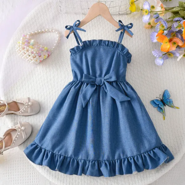 【3Y-8Y】Girls Sweet Light Blue Bowknot Ruffled Suspender Dress - Popopieshop.com 