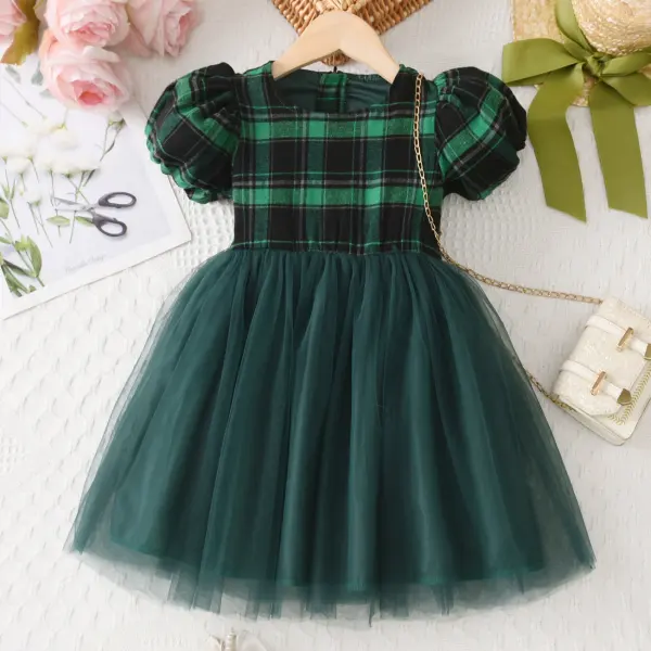 【3Y-8Y】Girls Sweet Green Plaid Splicing Layered Tulle Puff Sleeve Dress - Popopieshop.com 