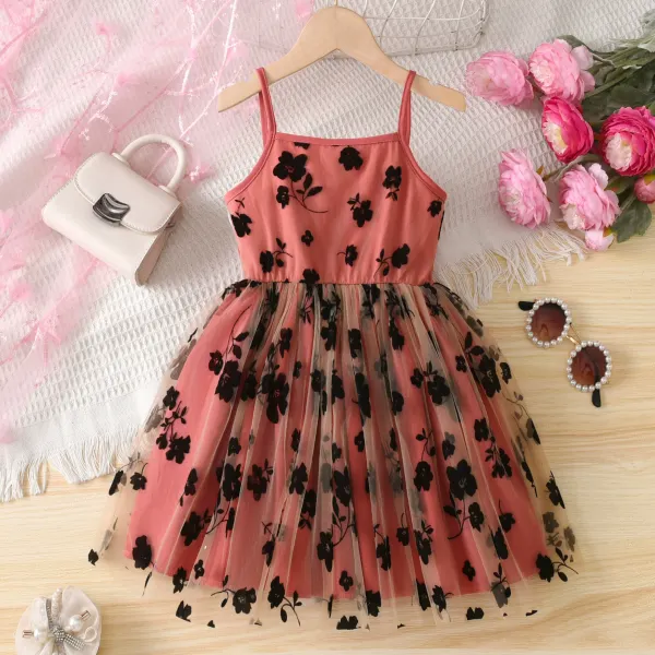 【3Y-8Y】Girls Sweet Floral Printed Mesh Suspender Dress - Popopieshop.com 