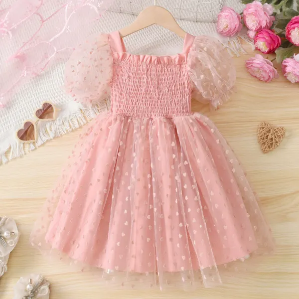【3Y-8Y】Girls Sweet Pink Heart Printed Mesh Puff Sleeve Dress - Popopieshop.com 