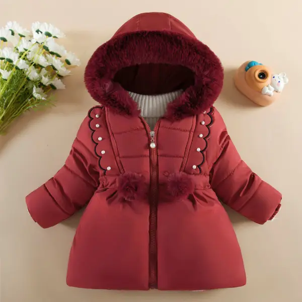 【12M-4Y】Girls Thick Fleece Ruffle Embroidered Pearl Quilted Jacket - Popopieshop.com 