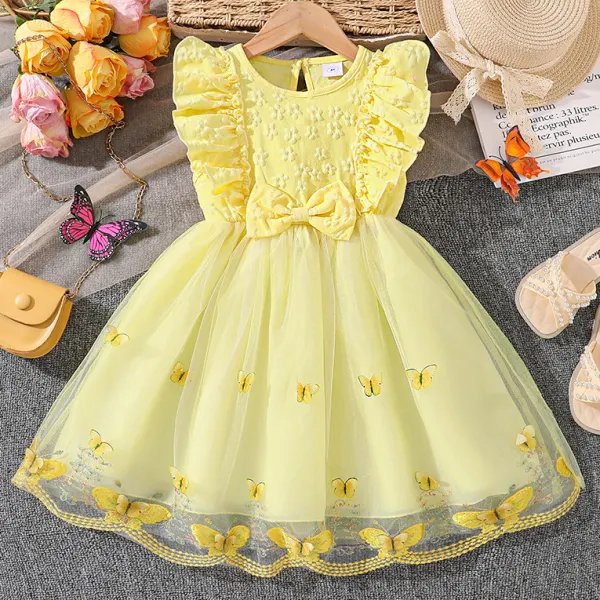 【3Y-7Y】Girls Sweet And Elegant Bow And Ruffle Design Floral Jacquard Fabric And Mesh Patchwork Dress - Popopieshop.com 