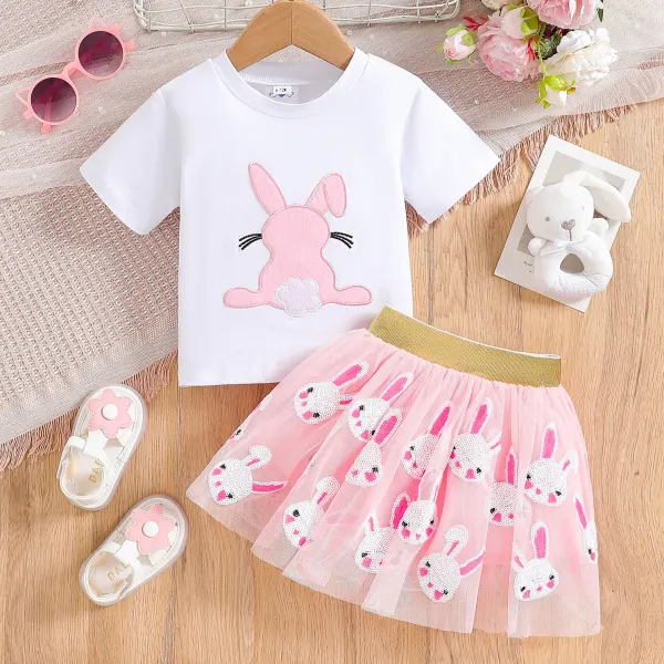 【6M-4Y】2-piece Girls Cute Bunny Embroidered White T-shirt And Pink Mesh Skirt Set Easter Outfit - Popopieshop.com 