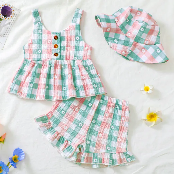 【0M-18M】3-piece Baby Girls Cute Floral And Pink And Green Plaid Print Camisole Top And Shorts Set With Hat - Popopie.com 